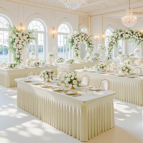 4 Pack 6ft Beige Spandex Tablecloths for Rectangle Tables Wrinkle Free Beige Rectangle Table Cloth Stretch Fitted Table Cover with Skirt for Wedding Birthday Party Banquet Baby Shower Buffet Event - Image 3