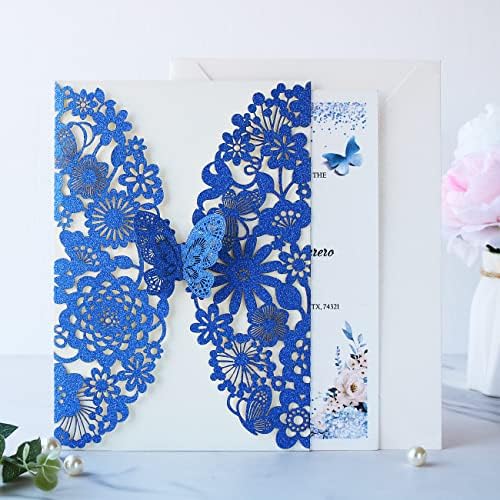 Hosmsua 50pcs Personalized Quinceañera Invitation Kit 5.12 x 7.3 Royal Blue Laser Cut Flora Butterfly Quinceanera Invitations with Envelopes for Wedding Bridal Shower Invite (Royal Blue Glitter) - Image 6