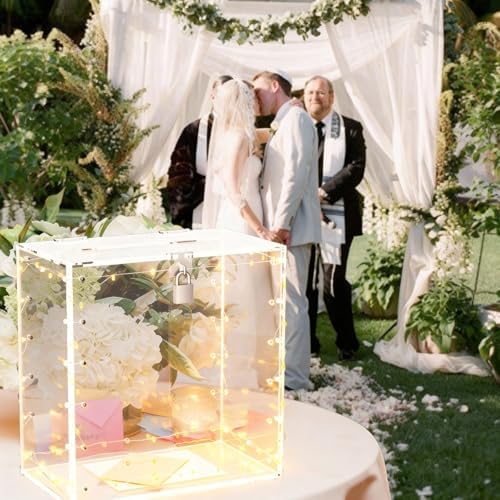 Sankoly Acrylic Wedding Card Box with Lock, Clear Large Card Boxes with String Light and Festival Static Cling Sticker, Money Box Holder for All Kinds of Parties Reception - Image 6