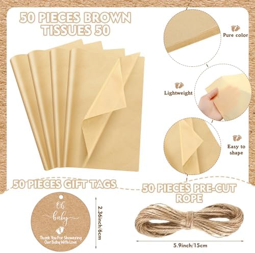 50 Pack Oh Baby Party Favors Bags with Tissue Papers Rustic Kraft - Image 3