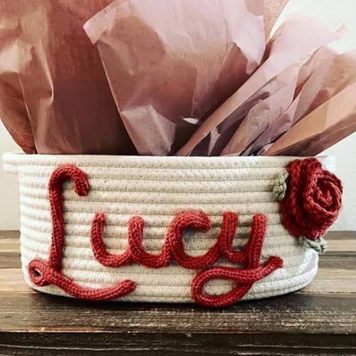 Personalized Cute Small Woven Basket with Handles, Custom Cotton Rope Room Shelf Storage Basket, Empty Decorative Gift Basket, Decorative Round Bin for Nursery Bedroom Bathroom (Style B) - Image 5