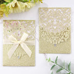50pcs Gold Glitter Wedding Invitation, Laser Cut Invitation Sleeves & Cards - Image 5