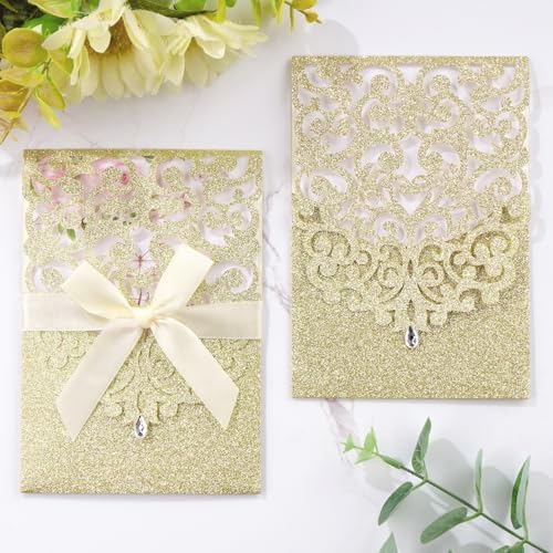 50pcs Gold Glitter Wedding Invitation, Laser Cut Invitation Sleeves & Cards - Image 5