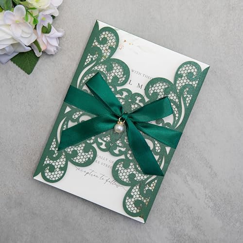 20Pcs Emerald Green Laser Cut Wedding Invitation Cards With Envelopes - Image 3