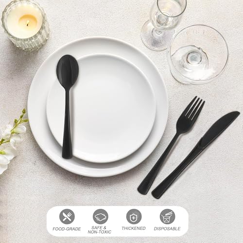 Kochorie 300 Pieces Black Plastic Silverware Heavy Duty Disposable Utensils - Image 5