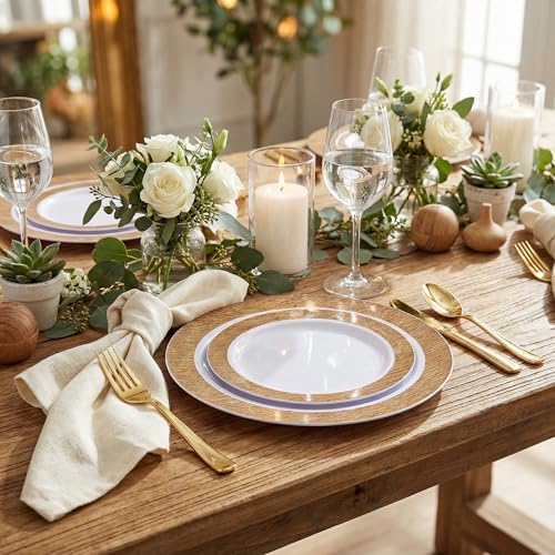 I00000 102 Pcs Wood Grain Brown Plastic Plates, Premium Disposable Plates - Image 3