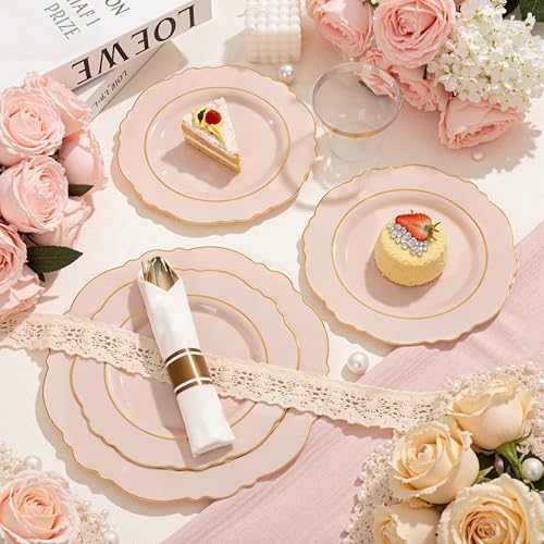 Liacere 350PCS Pink Plates Disposable-PinK Plates 50guest Baroque Plastic Dinnerware include 100Plates, 50Pack Pre Rolled Napkins with Silverware 50Cups Perfect for Wedding & Party & Baby shower - Image 5
