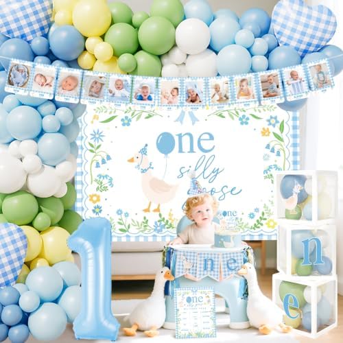 One Silly Goose Birthday Decorations, Blue Silly Goose First Birthday for Boys, Goose 1st Highchair Banner Balloon Garland Box Monthly Photo Cake Topper Hat Poster for Boys Funny Party Supplies - Image 2