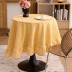 vctops Farmhouse Yellow Plaid Ruffle Table Cloth, Boho Cotton Linen Tablecloth, Washable Table Cover for Round Table Baby Shower Kitchen Party Wedding Decor (Yellow,70") - Image 3