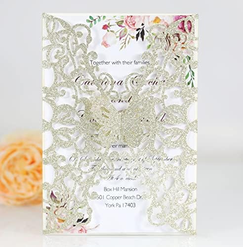 50sets Glitter Laser Cut Lace Flora Wedding Invitation Cards with Butterfly and Envelopes for Bridal Shower Engagement Quinceañera Wedding Invite (Only invitation Cards, Glitter Light Gold) - Image 3