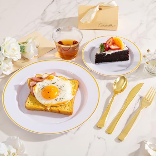 SUT 175 Pcs White and Gold Plastic Plates, Plastic Dinnerware Set for 25 Guests, Disposable Plates and Napkins Party Supplies, Gold Silverware, Plates, Cups and Napkins Sets for Party, Weddings - Image 4
