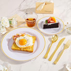 SUT 350 Pcs Gold and White Plastic Dinnerware Set for 50 Guests, Include: 50 Dinner Plates, 50 Dessert Plates, 50 Pre Rolled Napkins With Silverware, 50 Cups, Disposable Plates for Party, Wedding - Image 4