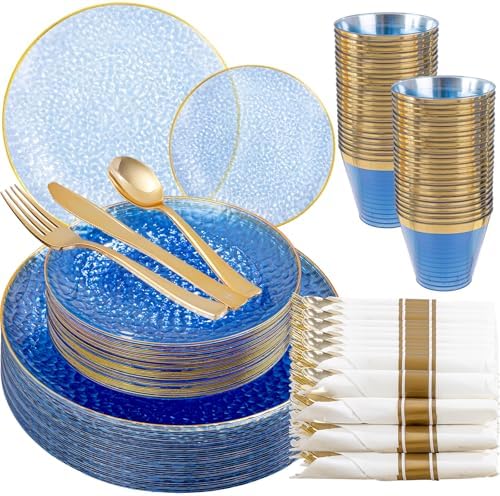 175PCS Blue Plastic Plates for 25 Guests, Disposable Plates for Party, Heavy Duty Disposable Plate Set Include: 25 Dinner Plates, 25 Dessert Plates, 25 Cups and Cutlery for Wedding & Party by Sykomo