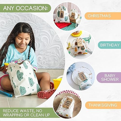12 PCS Reusable gift bags with drawstring + 15 gift tags | Fabric gift bags in 3 Sizes | Gift wrapping alternative, storage bags, travel & party favor bags. 12th Ed. - Image 6