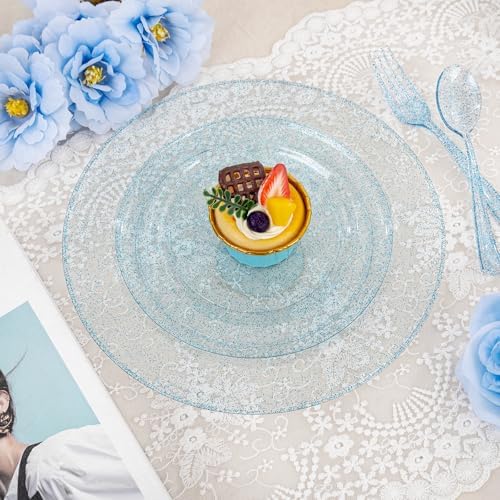 Rubtlamp 180Pcs Blue Glitter Dinnerware Set(30 Guests), Blue Plastic Plate With Gitter Disposable Silverware, Gitter Plate Set Include 30Dinner Platos, 30Dessert Platos, 90Cutlerys, 30Cups for Party - Image 3