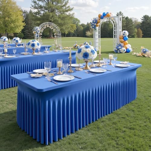 NSSONBEN 2 Pack Royal Blue Spandex Tablecloths 6ft, Wrinkle Free High Stretch Fitted Table Cloths for 6 Foot Rectangle Tables, Ruffle Skirt Spandex Table Covers 6ft for Party Wedding Banquet - Image 2