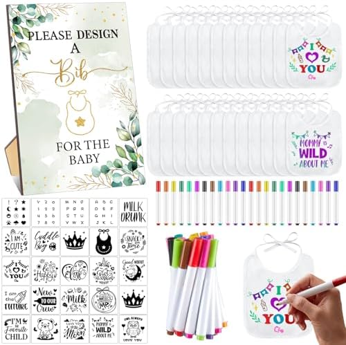 Panitay 100 Pcs DIY Baby Bibs Decorating Kit 50 White Bibs 25 Stencils 24 Markers 1 Baby Shower Game Sign by Panitay