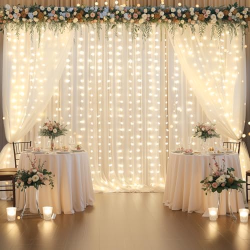 Shillance 20x10ft Ivory Chiffon Backdrop Curtain with Lights String for Wedding Sheer Tulle Curtain Photo Backdrops Drapes for Baby Shower Birthday Party Ceremony Decorations - Image 3