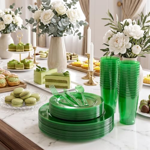 COLOSUS 216PCS Green Plastic Dinnerware Sets for Birthday, Wedding, Party. - Image 4