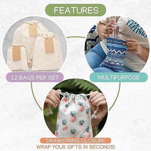 12 PCS Reusable gift bags with drawstring + 15 gift tags | Fabric gift bags in 3 Sizes | Gift wrapping alternative, storage bags, travel & party favor bags. 2nd Ed. - Image 6