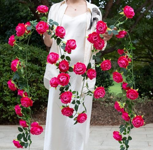 2Pcs 12Ft Bendable Flower Garland Faux Rose Vine for Wedding Decor,Fuchsia - Image 3