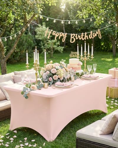 Fixwal 4 Pack 6FT Light Pink Tablecloth Rectangle Spandex Table Cover - Image 2