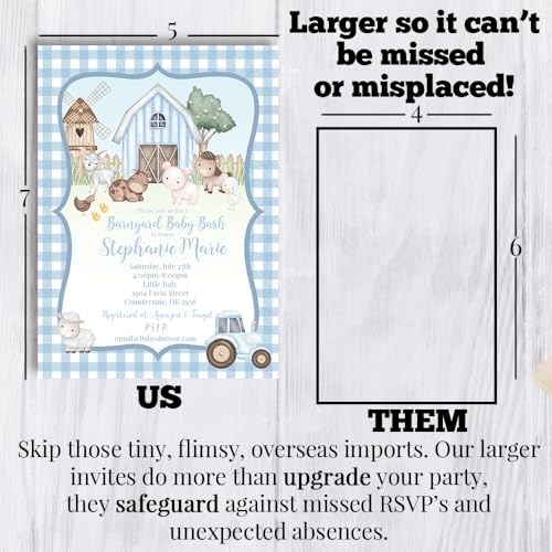 Amanda Creation Personalized Baby Shower Invitations, 20 Custom 5x7 Custom Baby Shower Invitations Boy Barnyard Theme with Envelopes - Image 7