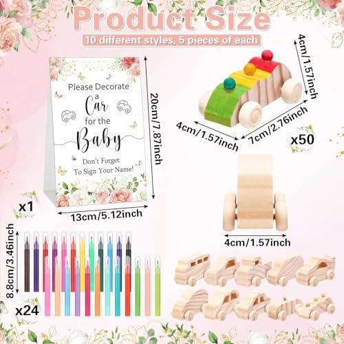 Hiboom 75 Pcs Baby Shower Wood DIY Print Car Set, Pink, Flower - Image 2