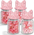 Potchen Pink Bow Candy Jars Airtight Glass Cookie Jars with Ceramic Bow Lid Cute Clear Stripes Cookie Storage Canister for Spring Summer Baby Shower Party(4 Sets,8oz) by Potchen