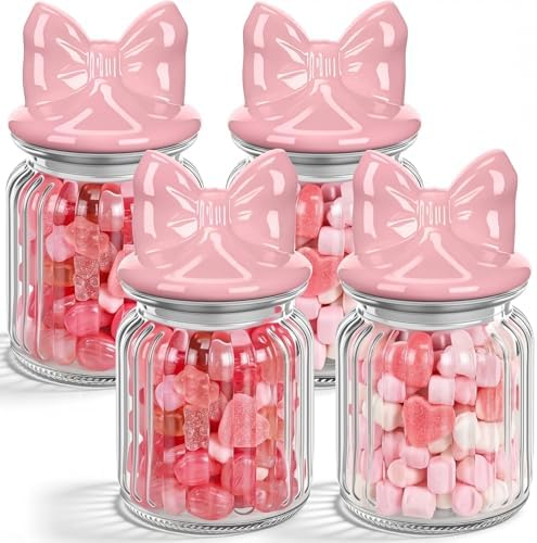 Potchen Pink Bow Candy Jars Airtight Glass Cookie Jars with Ceramic Bow Lid Cute Clear Stripes Cookie Storage Canister for Spring Summer Baby Shower Party(4 Sets,8oz) by Potchen