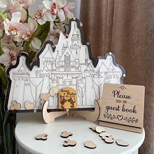 Personalized Wedding Wooden Guest Book: Creative Acrylic Custom Name Alternative Inserts Box DIY Custom Rustic Wedding Heart Drop Guest Book for Graduation Anniversary Wedding Decor (Castle) - Image 3