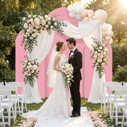 Set of 3 Wedding Arch Backdrop Stand,4+5+6 FT，Small Metal Arch Frame with 3 Pink Backdrop Covers,Easy Setup for Birthday Baby Shower Anniversary Dessert Table Decoration - Image 4