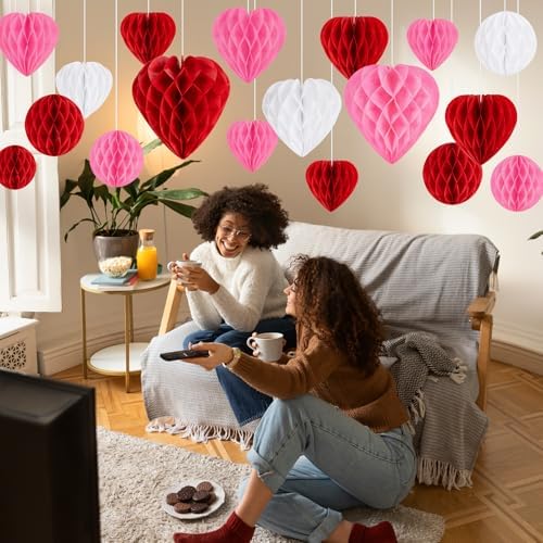 40Pcs Valentines Day Party Heart Decorations - Red Pink White Paper Honeycomb Hearts Balls Hanging, Valentine's Decor for Office, Birthday and Classroom - Image 3
