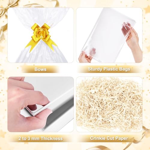 5 Pack Baskets For Gifts Empty, 10x12” White Gift Basket Kit with Clear Bags Gold Bows 200g Crinkle Cut Paper Empty Gift Baskets to Fill Large Gift Baskets for Christmas, Birthdays, Holidays, Weddings - Image 6