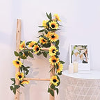 8 Pack Artificial Sunflower Garland Decor, Sunflower Vines Hanging Flowers Garland with Green Leaves, Fake Yellow Floral Vines Room Wedding Party Decoration - Image 5