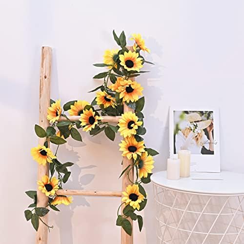 8 Pack Artificial Sunflower Garland Decor, Sunflower Vines Hanging Flowers Garland with Green Leaves, Fake Yellow Floral Vines Room Wedding Party Decoration - Image 5