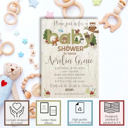 Custom Baby Shower Invites Woodland Themed Invitations 20 5x7 Personalized Ourdoors Theme Invitation Cards With Envelopes - Unique Cute Animal Baby Shower Cards - Image 2