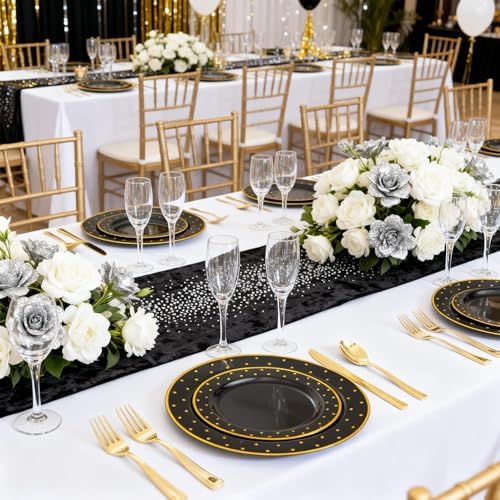 DaYammi 200Pcs Gold and Black Plastic Plates with Gold Silverware for Party - Image 4