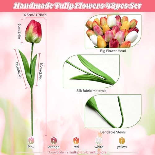 Yellow Artificial Tulips for Vase, 48 Stems Faux Flowers for Spring Decor, Easter Centerpieces, Tulip Floral Arrangements, Home Decorations - Image 2