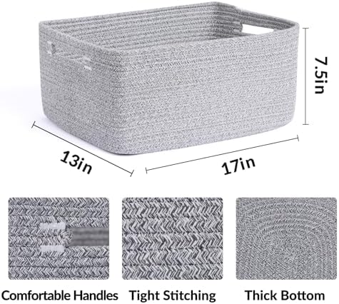 MiniArk Large Storage Baskets for Organizing, 17 x 13 x 7.5” Closet Shelf Baskets for Clothes Blanket Towels, Baby Nursery, Toy Bins Box, Woven Rope Baskets, 4 Packs Mixed Grey - Image 2