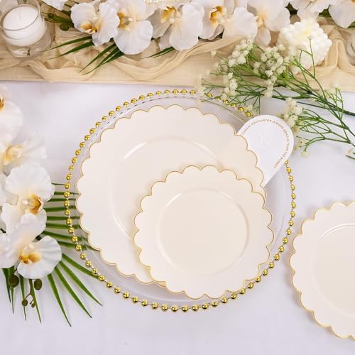 LIYH 60 Pcs Ivory and Gold Scalloped Plastic Plates - Disposable Fancy Combo Plates Includes 30 Dinner Plate 10.25" and 30 Dessert Plate 7.5" Plastic Heavy Weight Party Tableware Dishes - Image 6