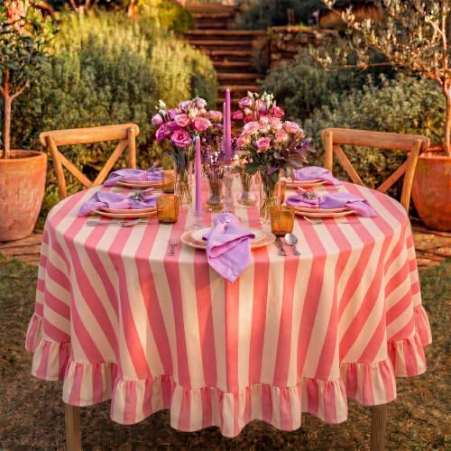 Tudomro Striped Tablecloth, Round, Cedar Rose, Cream, 60'' X 60'' - Image 4