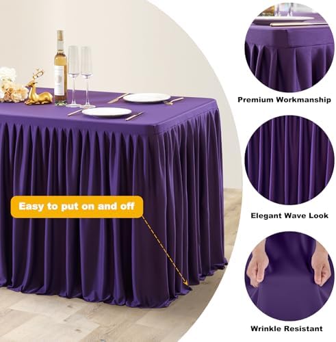 Wish Care 3 Pack Dark Purple Polyester Table Clothes for 6 Foot Rectangle Tables, Wrinkle Free Fitted Table Cover with Pleated Ruffle Table Skirt for Party Baby Shower Wedding Birthday Event Display - Image 5