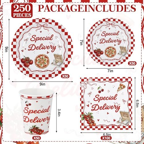 FoldTier 250 Pcs Special Delivery Pizza Baby Shower Party Supplies Disposable Tableware Set Serves 50 Guests Italian Pizza Theme Paper Plates Cups Napkins for Gender Reveal Birthday Party Decoration - Image 3