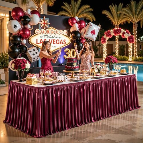 17ft Length Satin Burgundy Table Skirt Rectangle Tables, Wrinkle Free Pleated Ruffle Table Cloth Glitter Desk Skirting for Weddings Birthday Party Satge Banquet Dining Table Decorations - Image 7