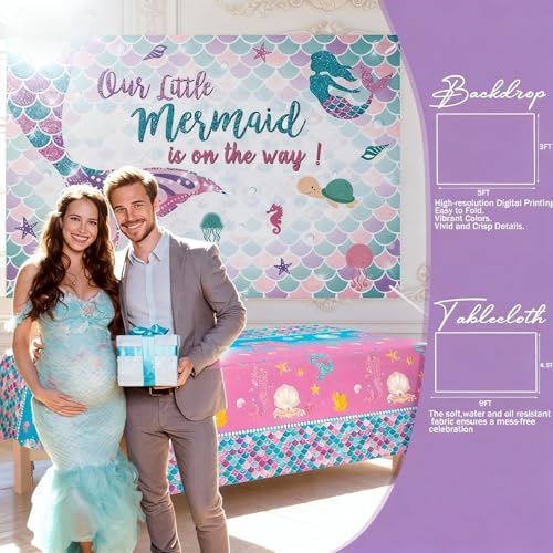 Hombae Mermaid Baby Shower Decorations Include Our Little Mermaid Is on the Way Backdrop, Balloon Garland, Banner, Tablecloth, Cake Topper, Box for Girls Ocean Under the Sea Baby Shower, 122 PCs - Image 5
