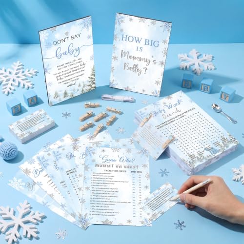 Funnymoom 426 Pcs Blue Snowflake Baby Shower Games Decor, 8 Set, 50 Guest - Image 2