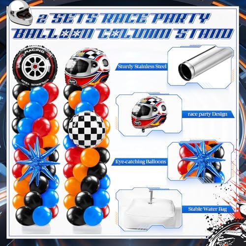 Kasyat 2 Sets Hot Car Balloon Column Stand Kit with Star Race Tire Wheels Helmets Checked Foil Balloons Race Car Arch Garland Kit for Floor for Racing Themed Birthday Party Decorations - Image 3