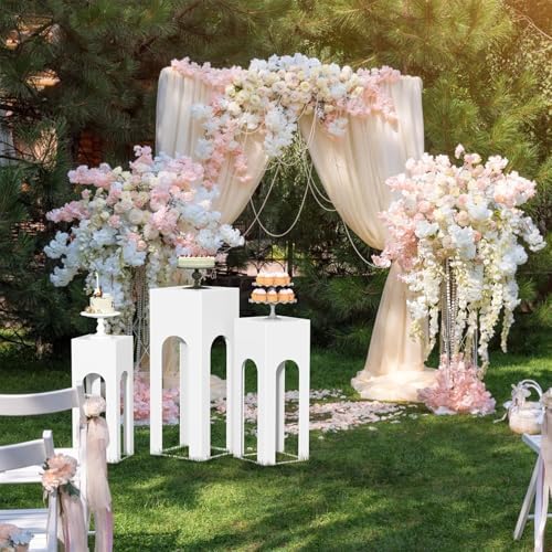 3PCS Square White Pedestal Stands for Party Metal Pedestal Display Stands Dessert Table Decoration Pillars Cake Pedestal Plant Stands for Party Birthday Wedding Props (A) - Image 3