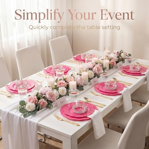 NOCCUR 175PCS Hot Pink Plastic Plates with Gold Disposable Silverware - Include 50 Hot Pink Plates,25 Knives,25 Forks,25 Spoons,25 Cups and 25 Napkins - Ideal for Party/Wedding/Banquet - Image 5
